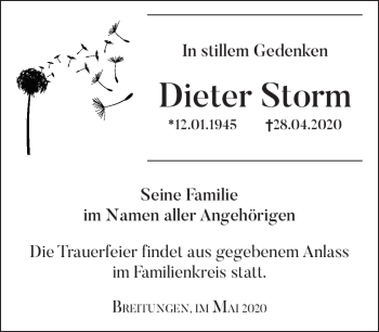 Traueranzeige von Dieter Storm von Südthüringer Presse