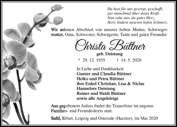 Traueranzeige von Christa Büttner von Südthüringer Presse