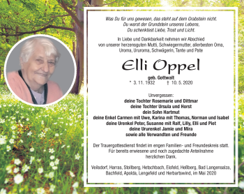 Traueranzeige von Elli Oppel von Südthüringer Presse
