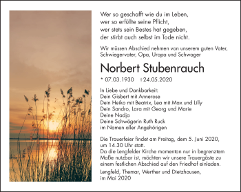 Traueranzeige von Norbert Stubenrauch von Südthüringer Presse