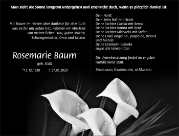 Traueranzeige von Rosemarie Baum von Südthüringer Presse