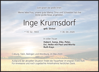 Traueranzeige von Inge Krumsdorf von Neue Presse Coburg