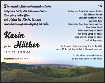 Traueranzeige von Karin Hüther von Südthüringer Presse