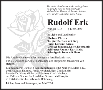 Traueranzeige von Rudolf Erk von Südthüringer Presse