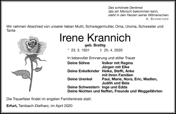 Traueranzeige von Irene Krannich von Südthüringer Presse