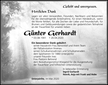 Traueranzeige von Günter Gerhardt von Südthüringer Presse