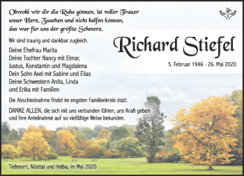 Traueranzeige von Richard Stiefel von Südthüringer Presse