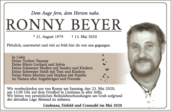 Traueranzeige von Ronny Beyer von Südthüringer Presse