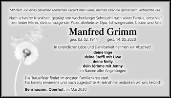 Traueranzeige von Manfred Grimm von Südthüringer Presse