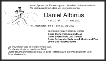 Traueranzeige von Daniel Albinus von Frankenpost