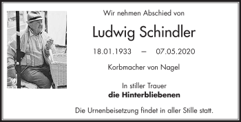 Traueranzeige von Ludwig Schindler von Frankenpost