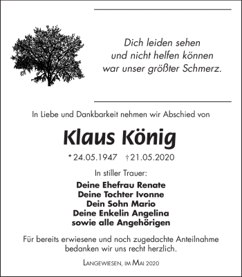 Traueranzeige von Klaus König von Südthüringer Presse