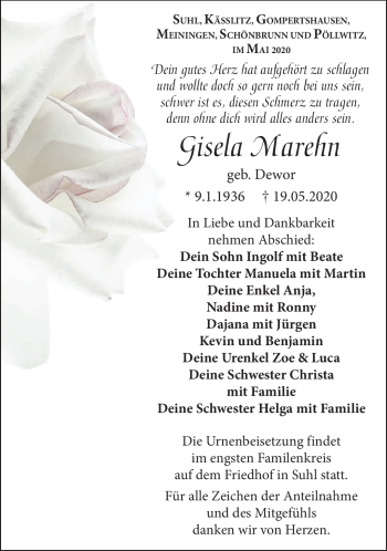 Traueranzeige von Gisela Marehn von Südthüringer Presse
