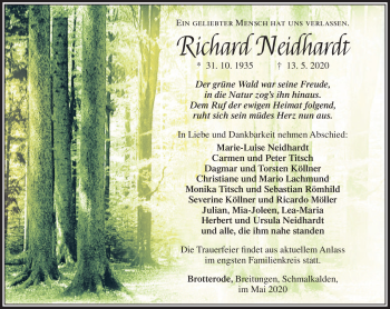 Traueranzeige von Richard Neidhardt von Südthüringer Presse