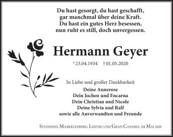 Traueranzeige von Hermann Geyer von Südthüringer Presse