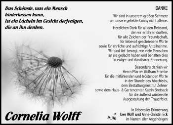 Traueranzeige von Cornelia Wolff von Südthüringer Presse