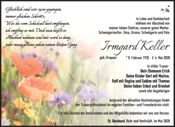 Traueranzeige von Irmgard Keller von Südthüringer Presse