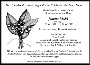 Traueranzeige von Juanita Riedel von Südthüringer Presse
