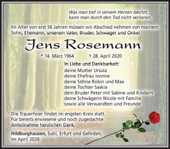 Traueranzeige von Jens Rosemann von Südthüringer Presse