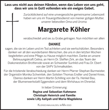 Traueranzeige von Margarete Köhler von Südthüringer Presse