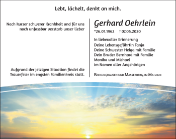 Traueranzeige von Gerhard Oehrlein von Südthüringer Presse