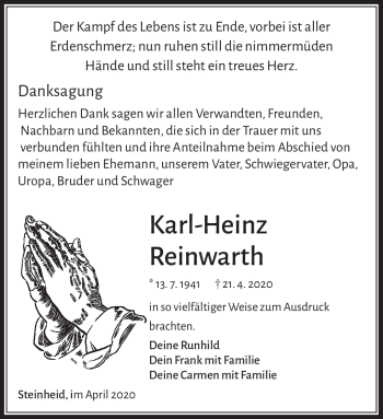 Traueranzeige von Karl-Heinz Reinwarth von Südthüringer Presse