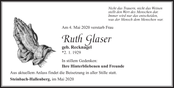 Traueranzeige von Ruth Glaser von Südthüringer Presse