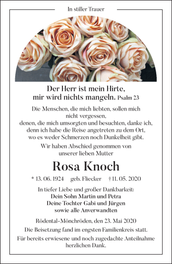 Traueranzeige von Rosa Knoch von Neue Presse Coburg