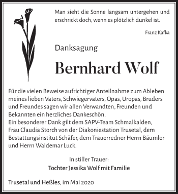 Traueranzeige von Bernhard Wolf von Südthüringer Presse