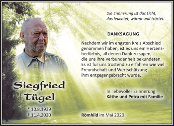 Traueranzeige von Siegfried Tügel von Südthüringer Presse