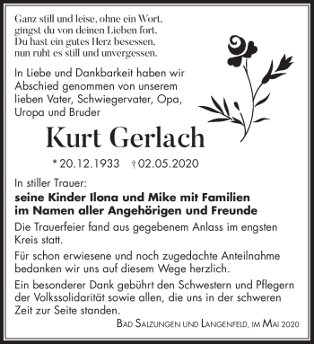 Traueranzeige von Kurt Gerlach von Südthüringer Presse
