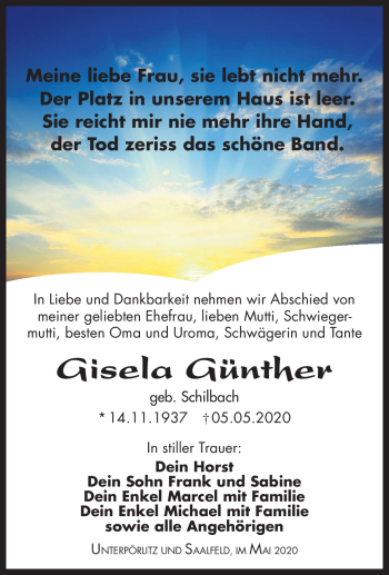 Traueranzeige von Gisela Günther von Südthüringer Presse