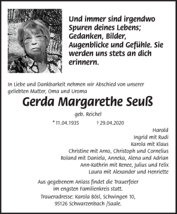 Traueranzeige von Gerda Seuß von Frankenpost