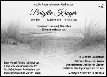 Traueranzeige von Brigitte Krüger von Südthüringer Presse