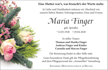 Traueranzeige von Maria Finger von Südthüringer Presse