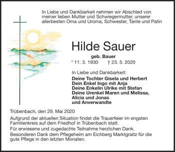 Traueranzeige von Hilde Sauer von Neue Presse Coburg