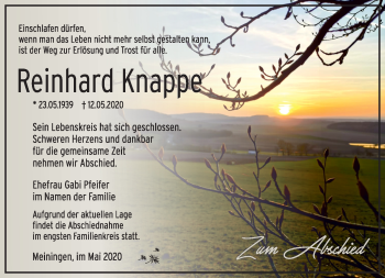 Traueranzeige von Reinhard Knappe von Südthüringer Presse