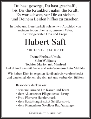 Traueranzeige von Hubert Saft von Südthüringer Presse
