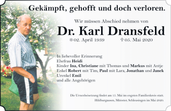 Traueranzeige von Dr. Karl Dransfeld von Südthüringer Presse