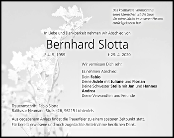 Traueranzeige von Bernhard Slotta von Neue Presse Coburg