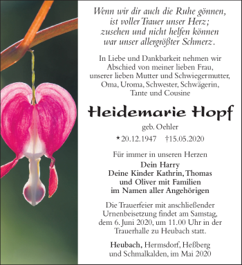 Traueranzeige von Heidemarie Hopf von Südthüringer Presse