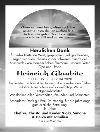 Traueranzeige von Heinrich Glaubitz von Südthüringer Presse