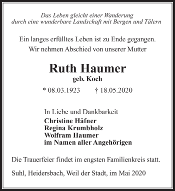 Traueranzeige von Ruth Haumer von Südthüringer Presse