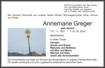 Traueranzeige von Annemarie Greger von Frankenpost