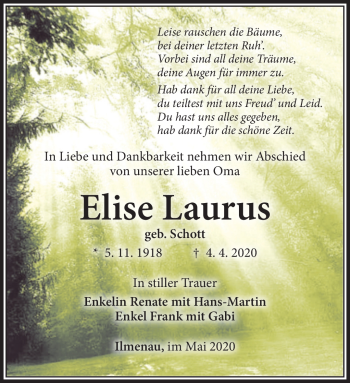 Traueranzeige von Elise Laurus von Südthüringer Presse