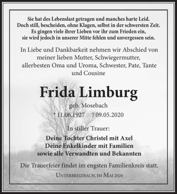 Traueranzeige von Frida Limburg von Südthüringer Presse