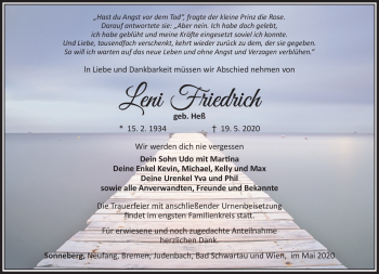 Traueranzeige von Leni Friedrich von Südthüringer Presse