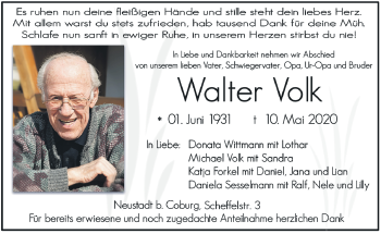 Traueranzeige von Walter Volk von Neue Presse Coburg