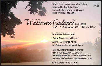 Traueranzeige von Waltraut Galandi von Südthüringer Presse