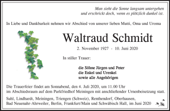 Traueranzeige von Waltraud Schmidt von Südthüringer Presse